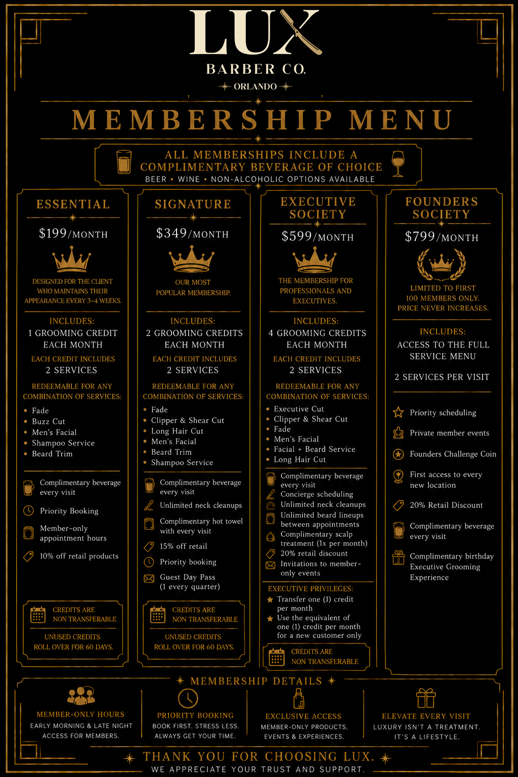 LUX Barber Co. membership menu
