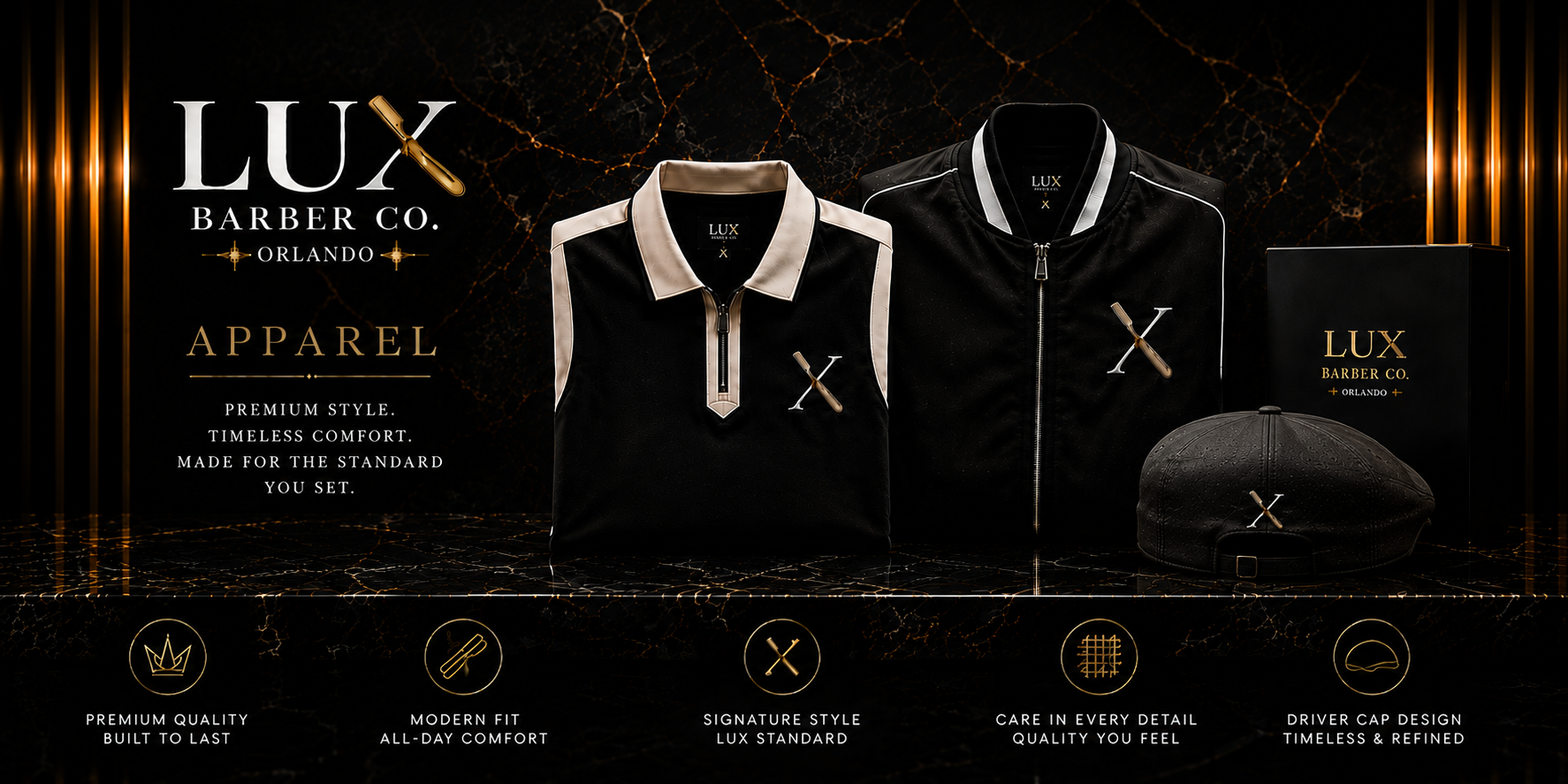 LUX Barber Co. Apparel — premium polo, bomber jacket, and driver cap with signature X monogram