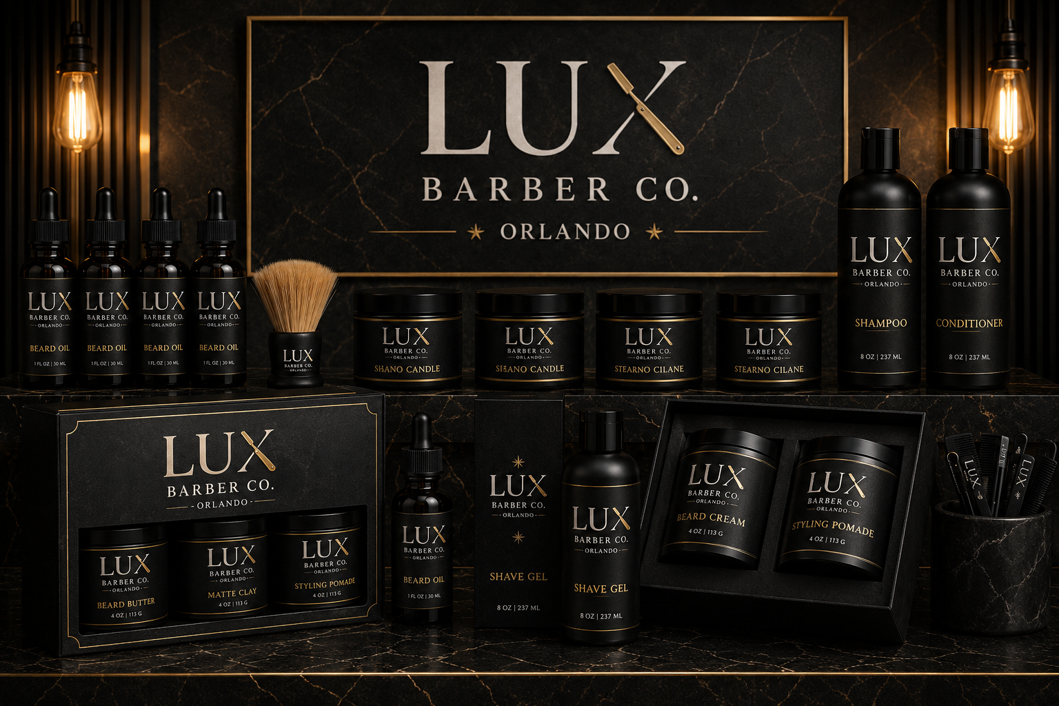 LUX Barber Co. beard care, candles, and gift sets