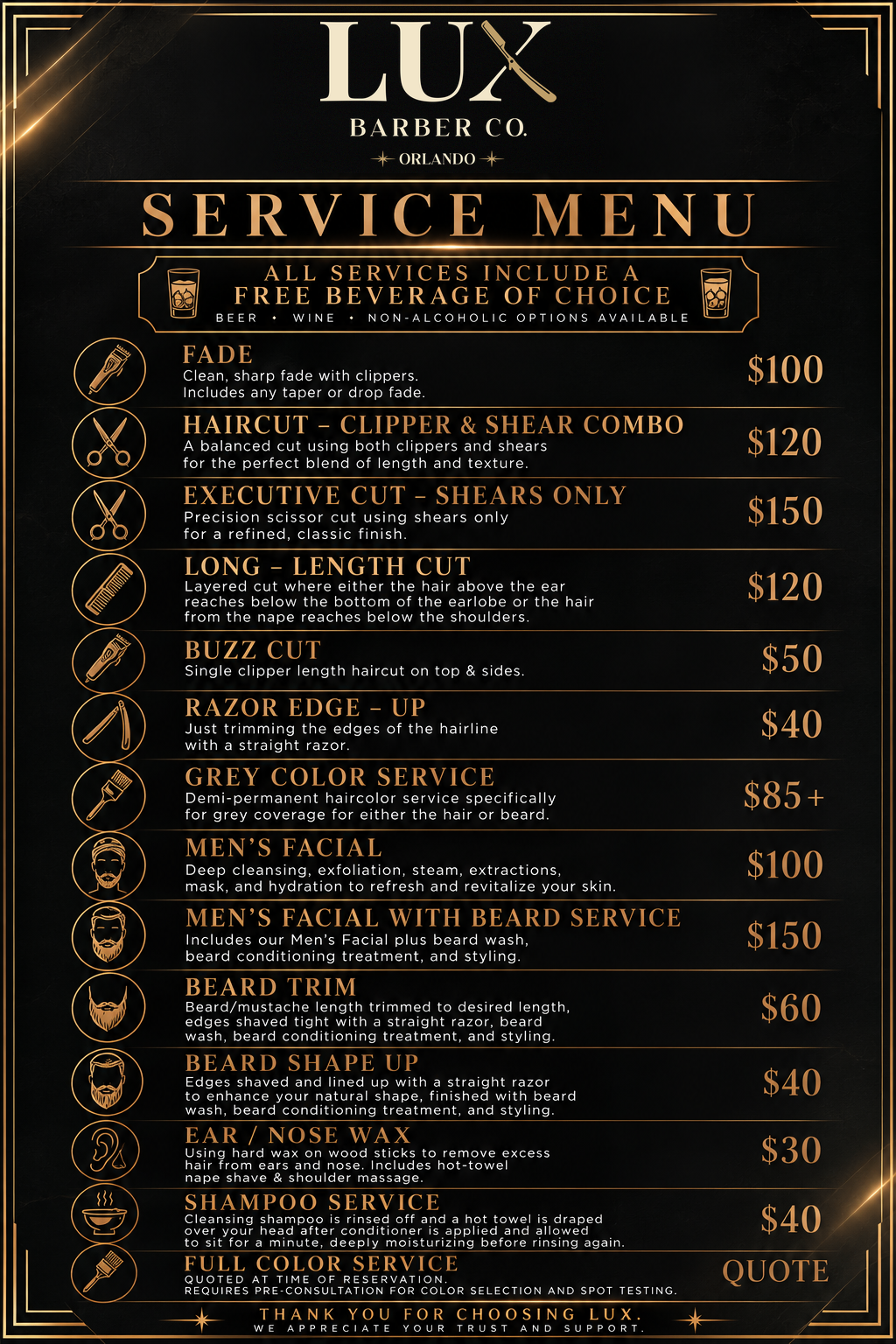 The LUX Barber Co. service menu