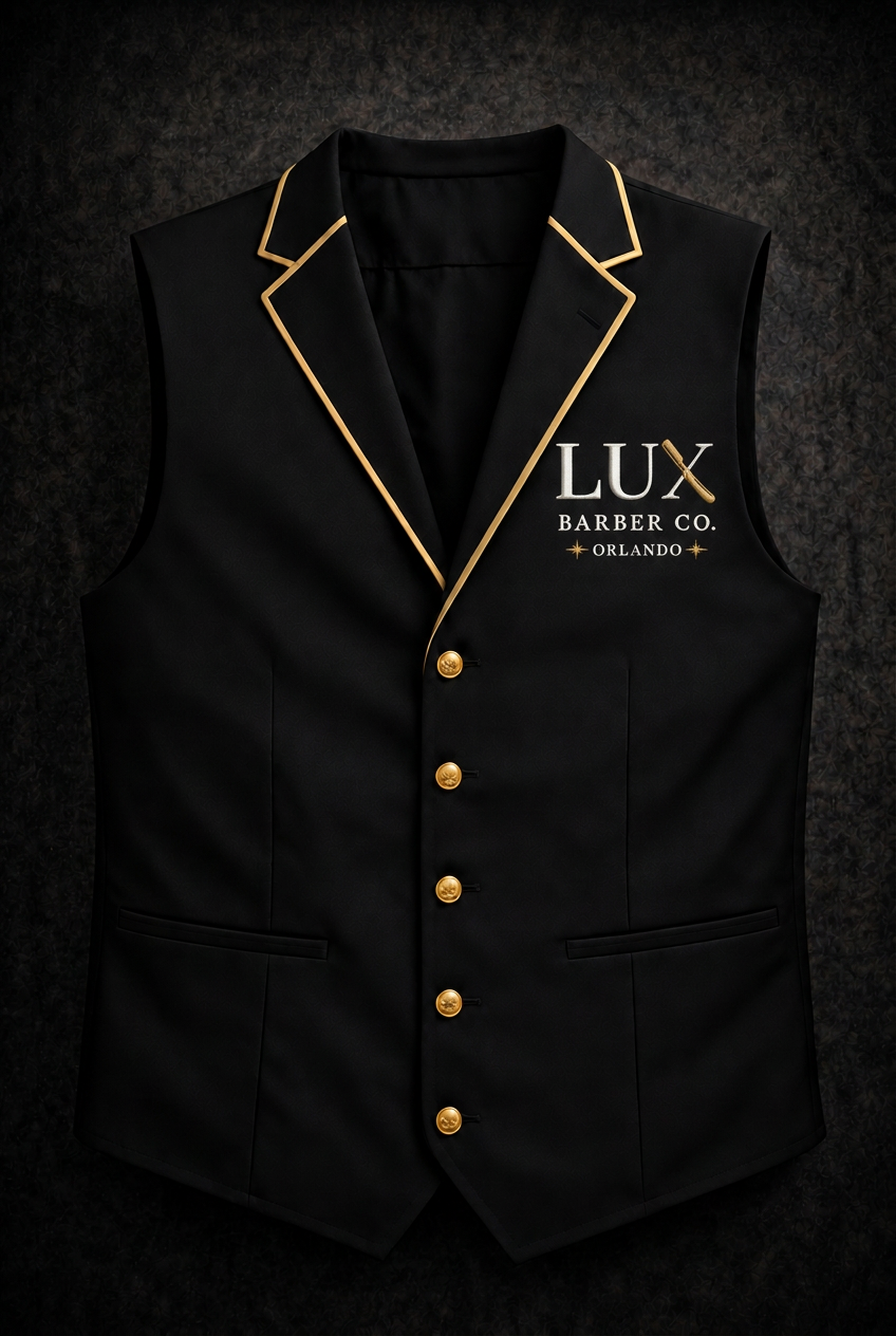 LUX Barber Co. bar uniform with gold razor-X detailing