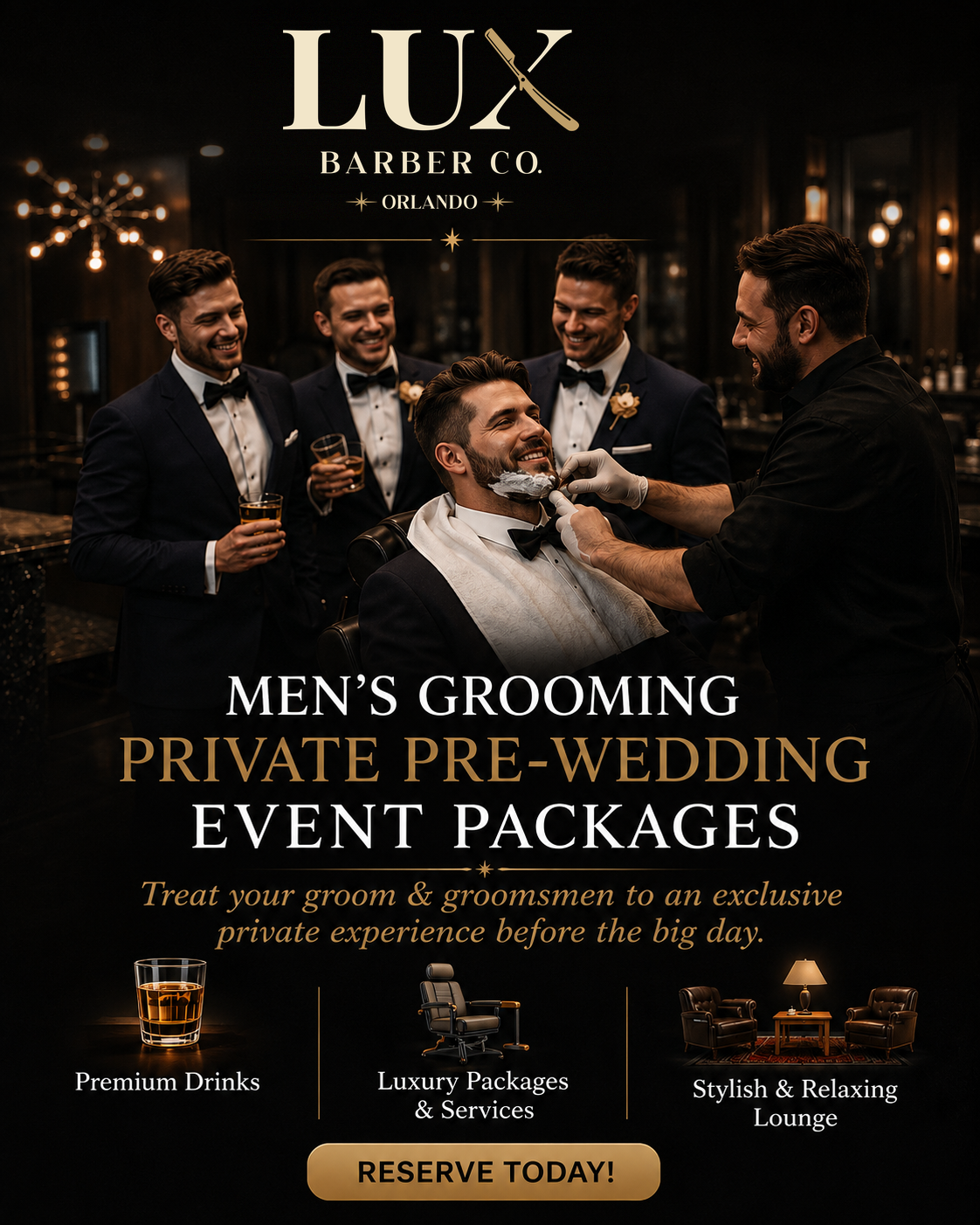 Men's grooming private pre-wedding event packages at LUX Barber Co.