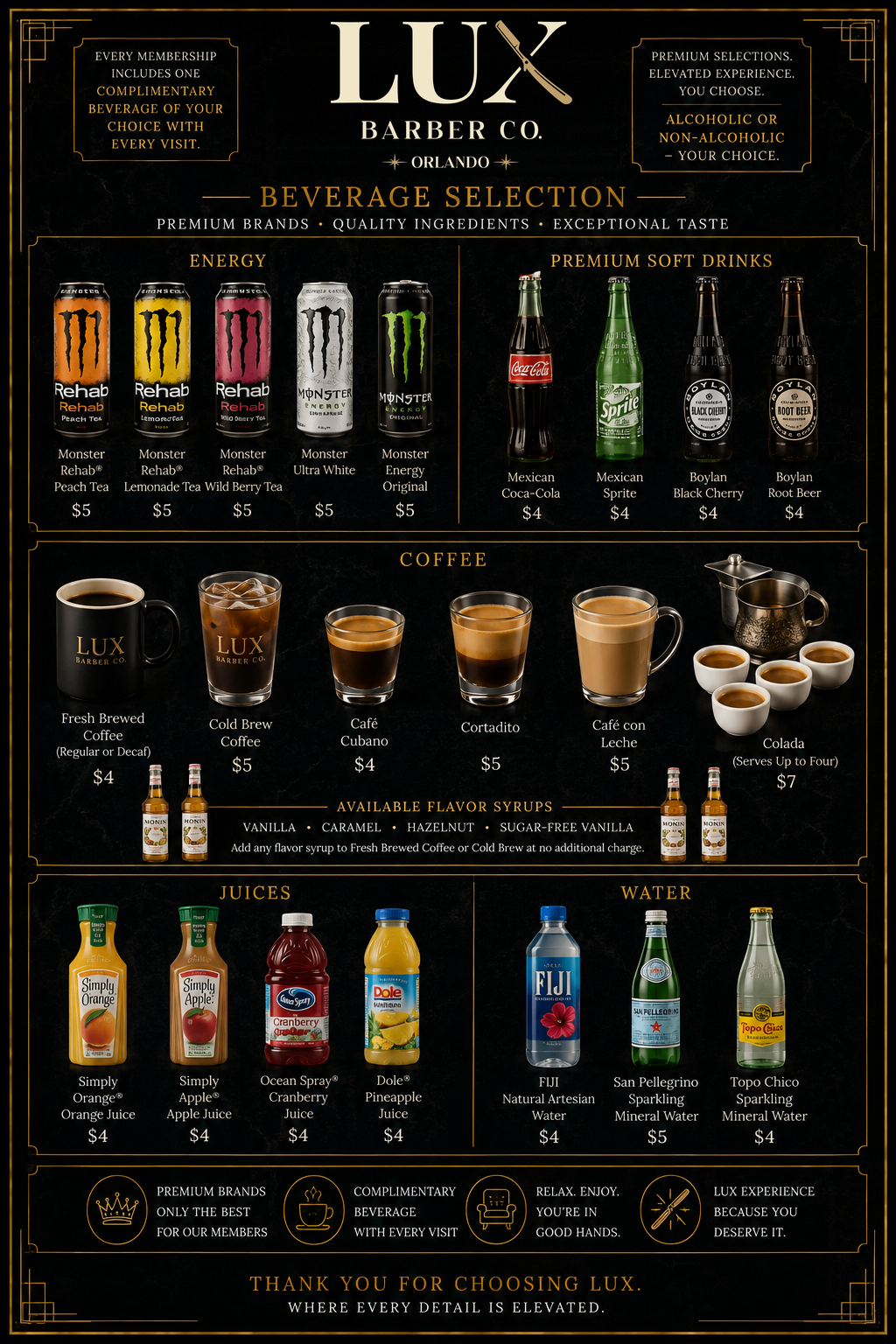 LUX Barber Co. non-alcoholic and coffee menu
