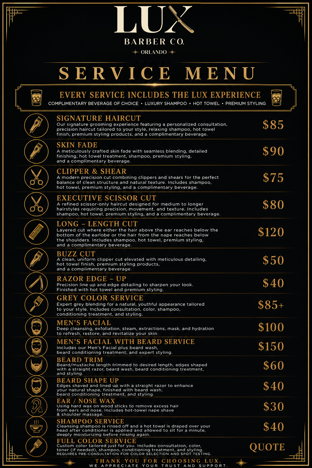 LUX Barber Co. service menu