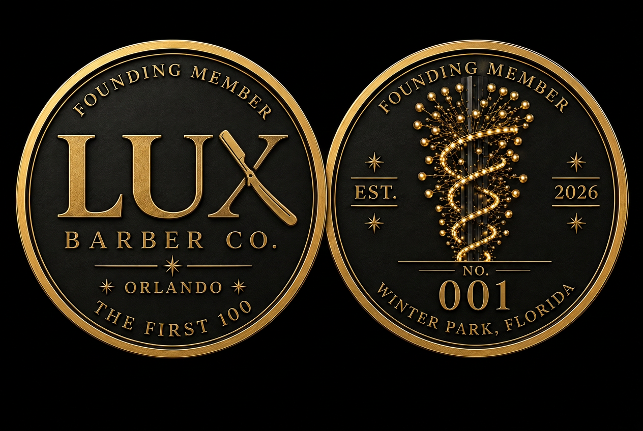 The numbered LUX Barber Co. Founding Member coin