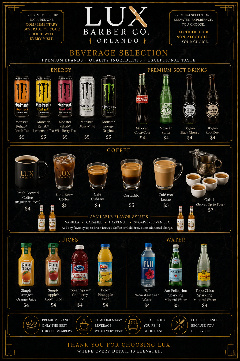 LUX Barber Co. non-alcoholic beverage menu — coffee, juices, soft drinks