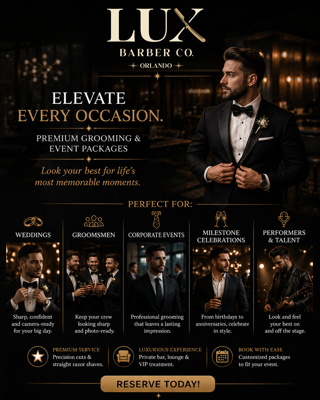 Elevate every occasion — LUX Barber Co. premium grooming and event packages for weddings, groomsmen, corporate events, milestone celebrations, and performers